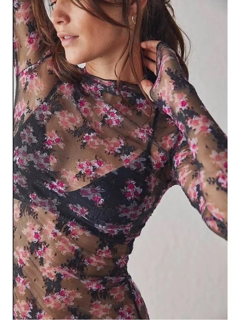 Free People Lady Lux Layering Long Sleeve Top - Black with Pink Floral Print